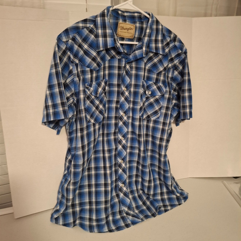 Wrangler Mens Blue Plaid Short Sleeve Pearl Snap Western Shirt Cowboy Workwear
